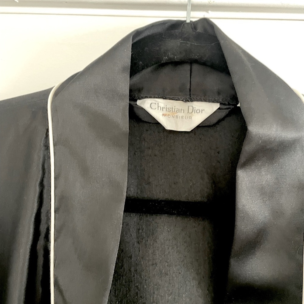 Vintage Christian Dior Black Satin Robe with White Trim. Seems to be size Large